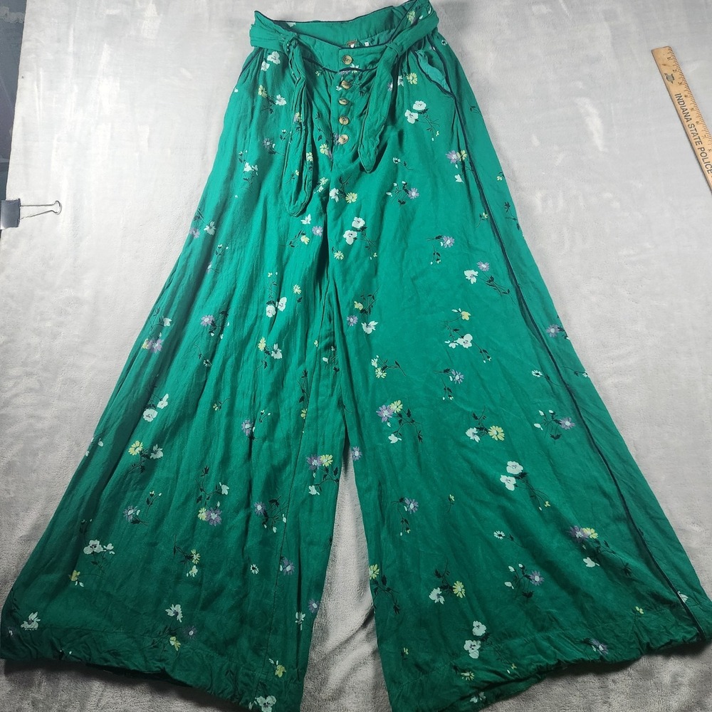 Free People Trouser Pants Green Bennie Floral Print Wide Leg Belted Size 2